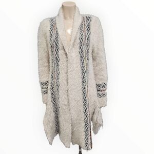 NORTHERN ANGEL Ivory White Eyelash Furry Tribal Open Duster Cardigan L